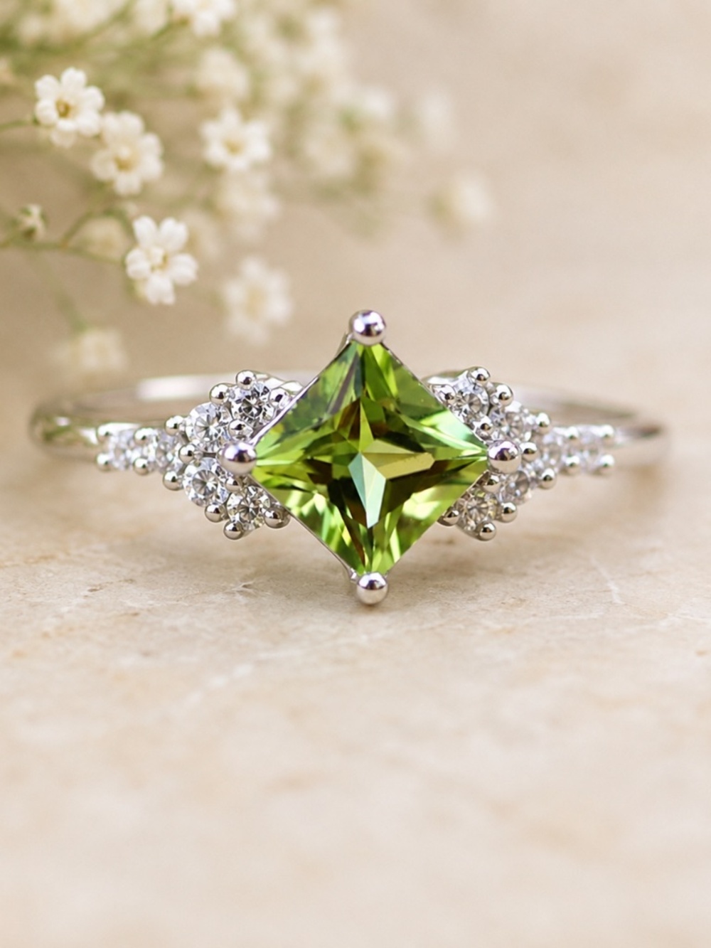 Handmade Sterling Silver Art Deco Style Natural Peridot Ring, August Birthstone